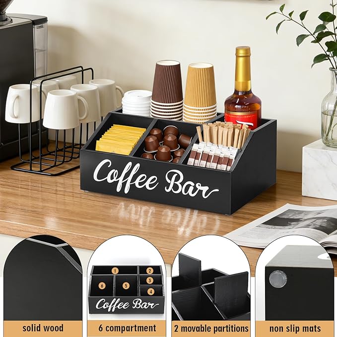 Coffee Station Organizer for Countertop, Wood Coffee Bar Organizer for Farmhouse Coffee Bar Decor, Tea Condiment Storage Organizer, Coffee Pod Holder and Coffee Bar Accessories