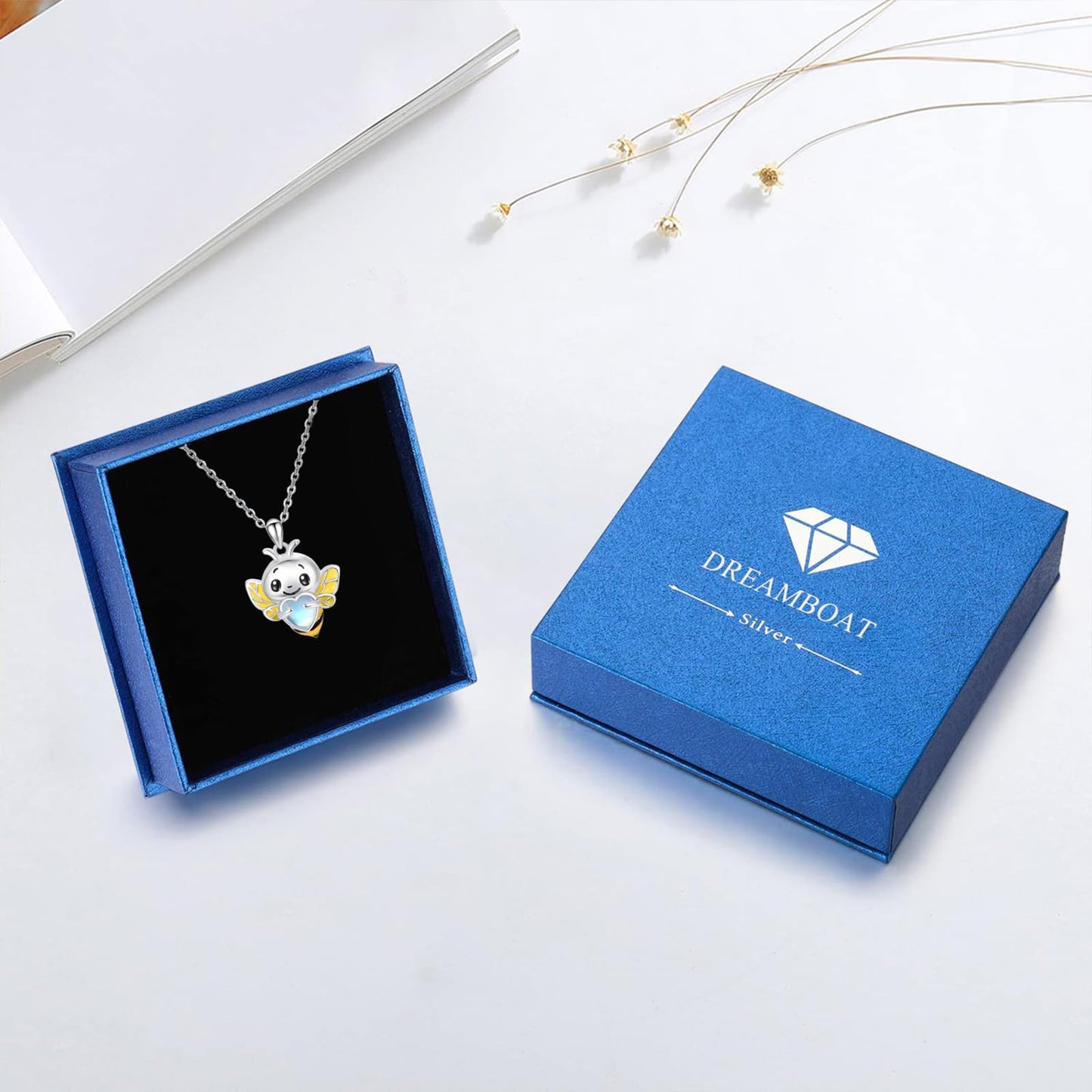 Dreamboat Bee Pendant Necklace for Women 925 Sterling Silver Moonstone Bumble Bees Animal Jewelry Gifts