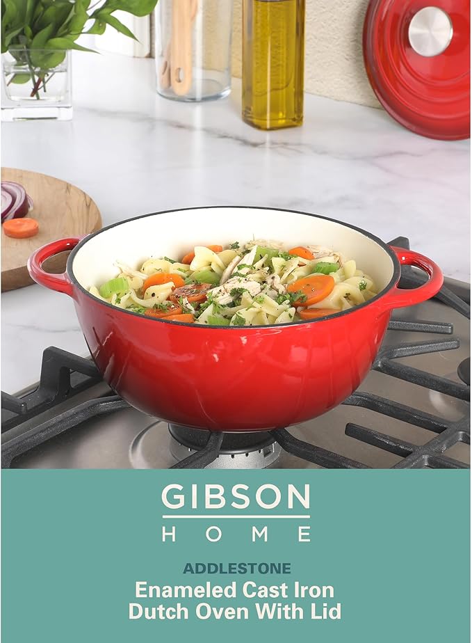 Gibson Home Addlestone 2.65 Quart Round Enamel Cast Iron Dutch Oven Pot With Lid & Dual Handles - Gradient Red
