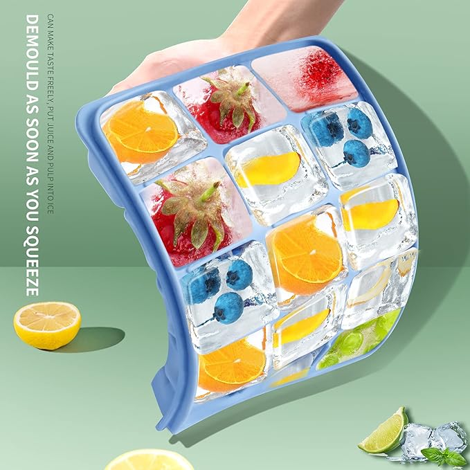 Ice Cube Trays Set of 2, Easy Release 15 Flexible Silicone Ice Cube Molds with Removable Lid Reusable Freezer Ice Trays Stackable for Whiskey, Baby Food, BPA Free (BLUE+GREEN)