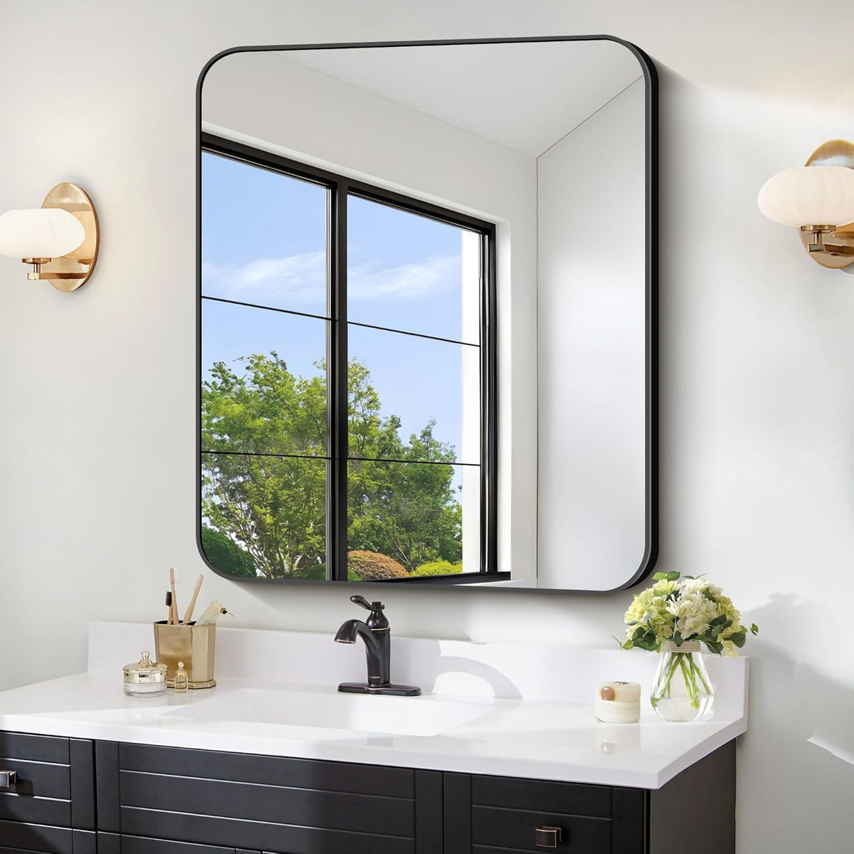 FORBATH Bathroom Mirror 30" x 36", Rectangle Black Bathroom Mirror with Black Aluminum Frame Rounded Corner, Wall Mounted Mirror for Bedroom Entryway Living Room