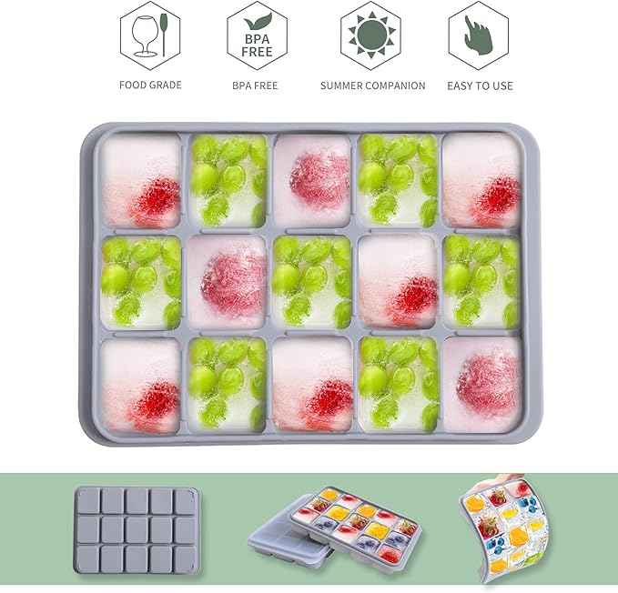 Ice Cube Trays Set of 2, Easy Release 15 Flexible Silicone Ice Cube Molds with Removable Lid Reusable Freezer Ice Trays Stackable for Whiskey, Baby Food, BPA Free (BLUE+GRAY)