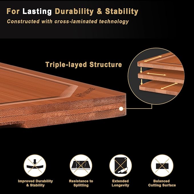 Hiware 4 Pieces Extra Large Wooden Cutting Boards Set- Bamboo Cutting Boards for Kitchen Meal Prep & Serving, Cutting Board with Deep Juice Groove & Built-in Handles, Charcuterie & Chopping Board
