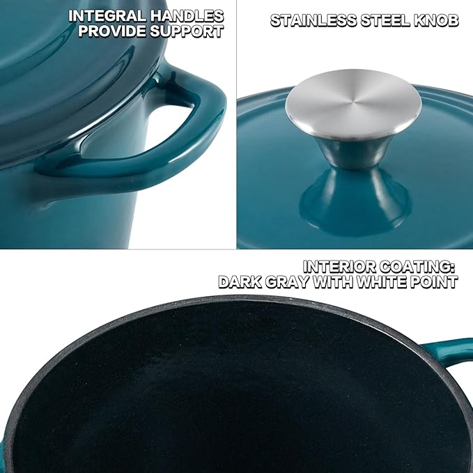 Flavehc Dutch Oven Pot with Lid 2.8 qt Cast Iron Dutch Oven for Bread Baking DarkCyan Enameled Cast Iron Rice Pot with Handels