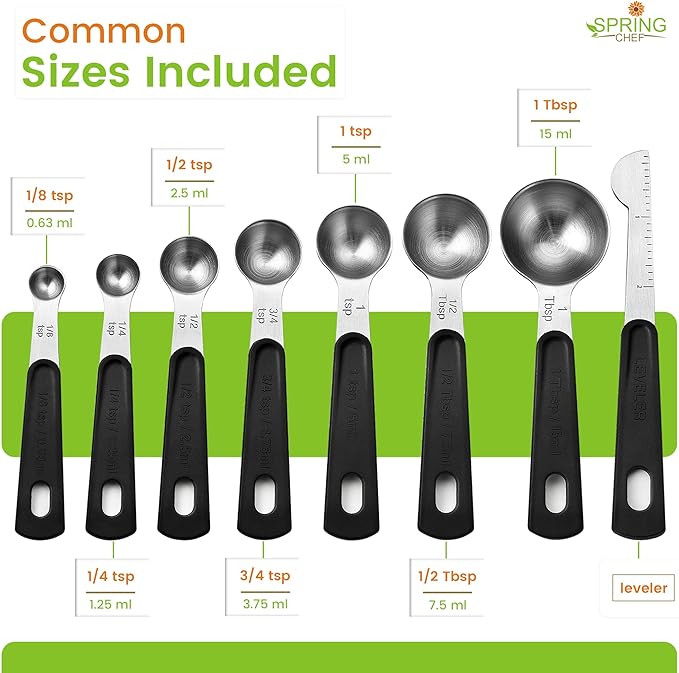Spring Chef Stainless Steel Magnetic Measuring Spoons Set of 8 with Leveler, Round Metal Teaspoon & Tablespoon Measuring Spoons - Kitchen Gadgets For Baking and Cooking