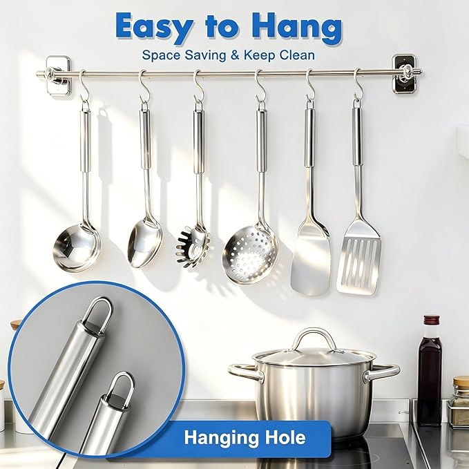 Cooking Utensils Set 11pcs - Stainless Steel Kitchen Utensils Set with Holder, Heat Resistant Kitchen Utensils Sets for Cooking with Turners, Potato Masher, Skimmer, Spoons, Ladle, Tongs, Whisk