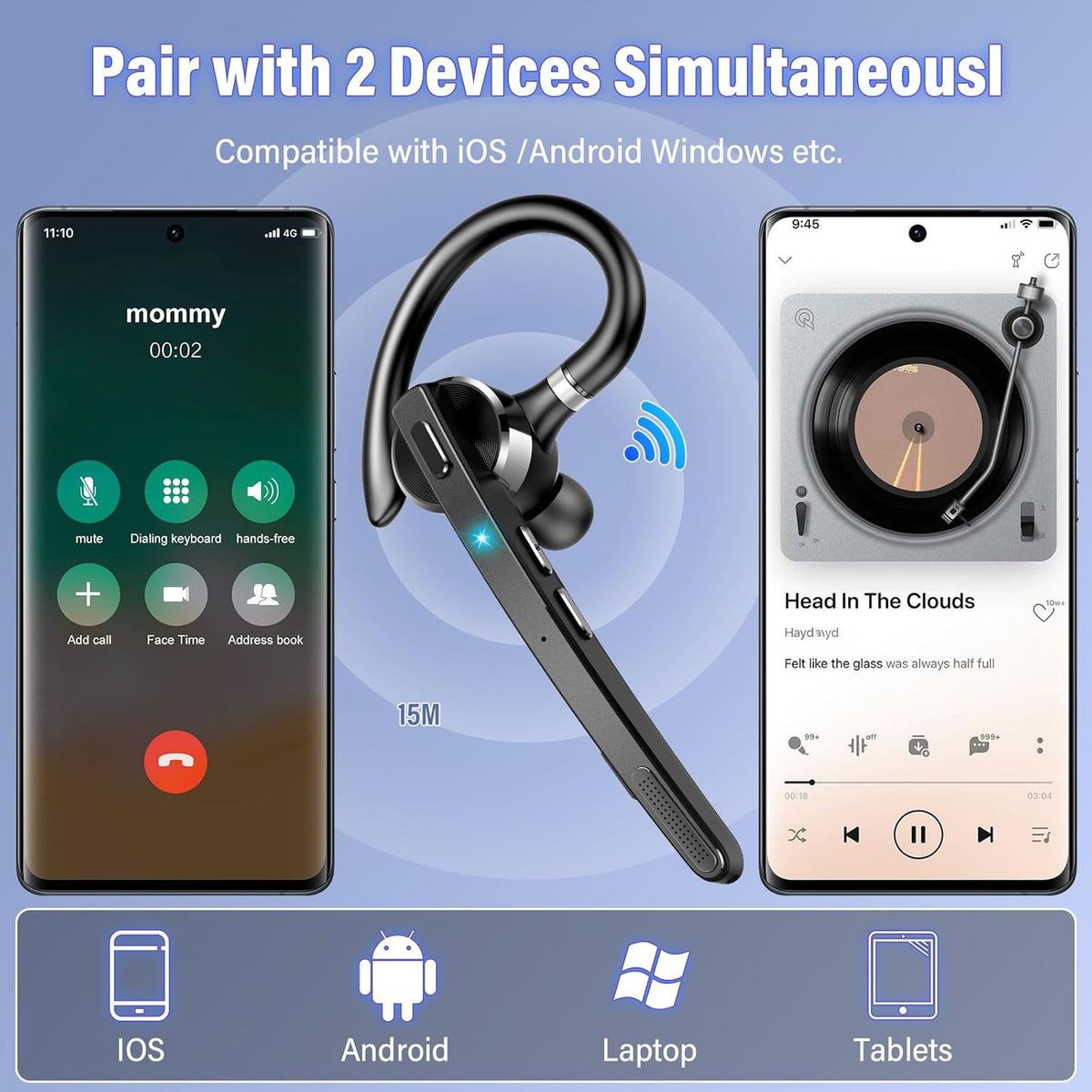 Bluetooth Headset, Wireless Bluetooth 5.3 Earpiece, 90Hrs Hands Free Headset with APTX HD Audio & Mute Button, Dual Noise Cancelling Mics, Single-Ear Headphone for Trucker/Business/Office/Gym