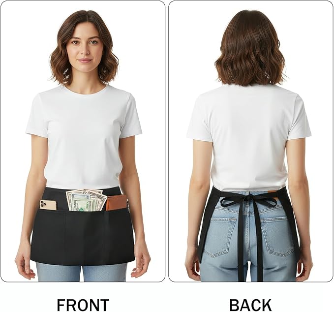 BOHARERS Waist Apron with 3 Pockets 20 Pack - Black Waitress Server Short Apron