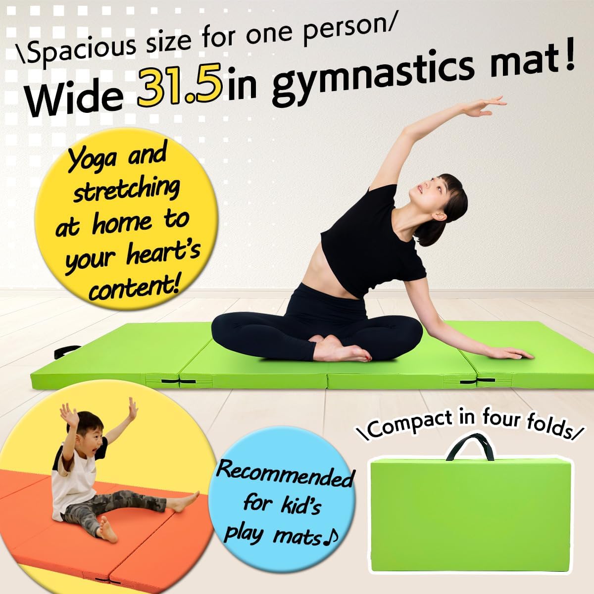 KaRaDaStyle Gymnastics Mat Folding Stretch Mats 71"x31"x2" Exercise Muscle Training Children Play Horizontal Bar Mat Yoga Sports Soundproof Home Use