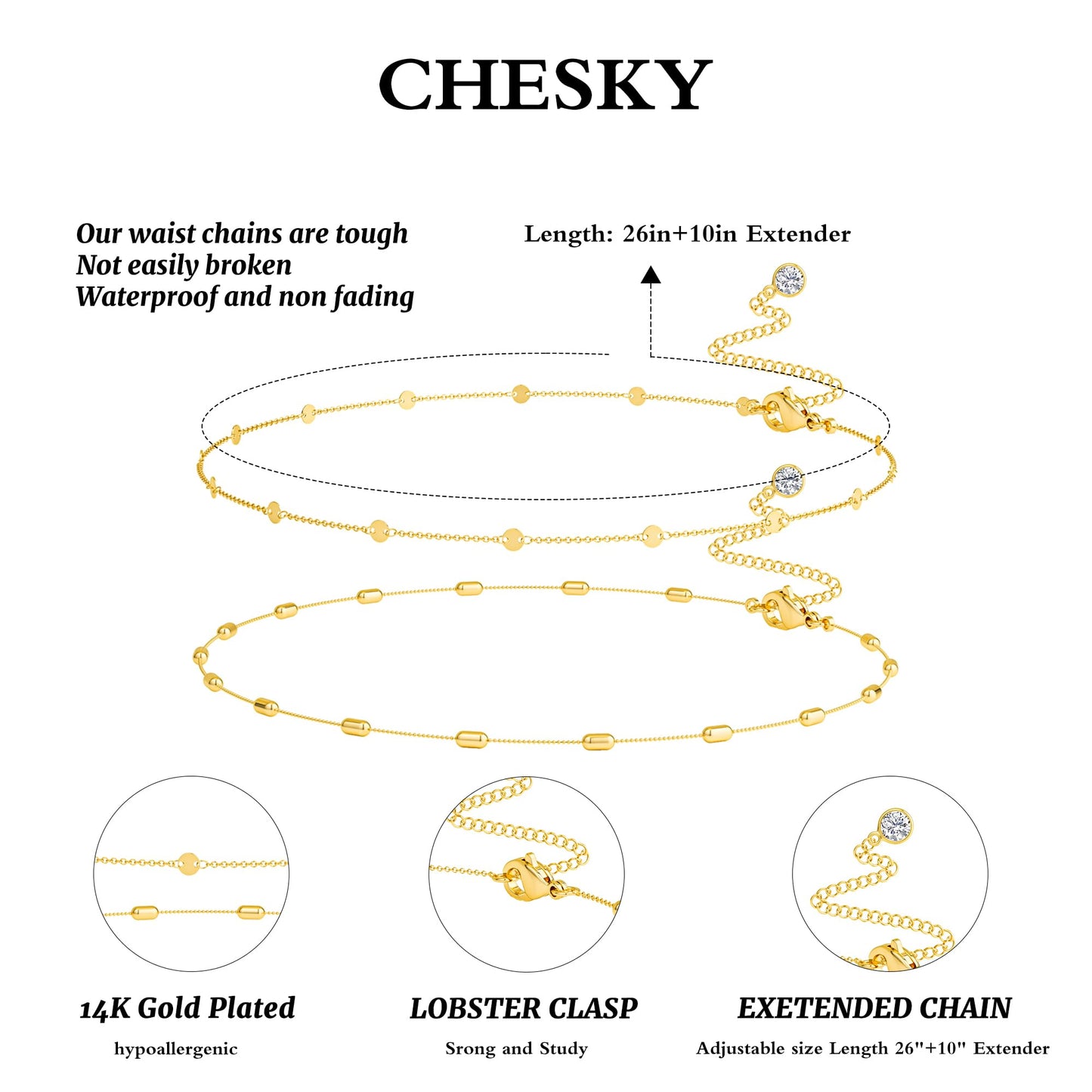CHESKY Gold Waist Beads, Dainty 14k Gold Plated Waist Chain Body Chain Jewelry for Women Hypoallergenic Belly Chain Non Tarnish Waterproof Gold Belly Button Ring Jewelry for Women Gifts