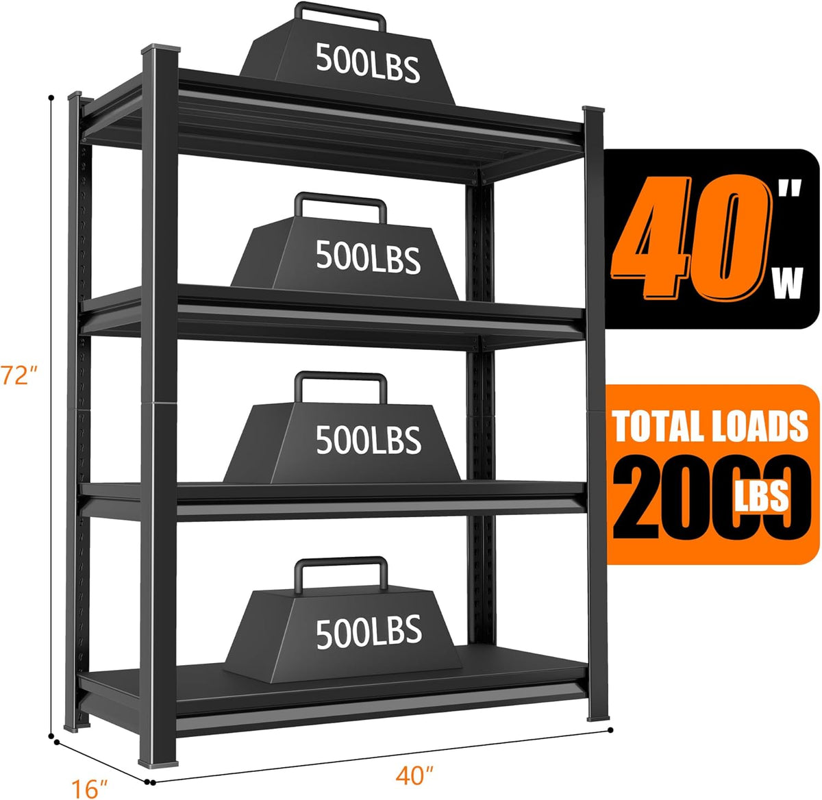 40in Wide Garage Shelving Heavy Duty，2000lbs Large Loads Adjustable Garage Storage Shelves,All Metal Storage Racks and Utility Rack Shelves, 40”W x 16”D x 72”H (Black)