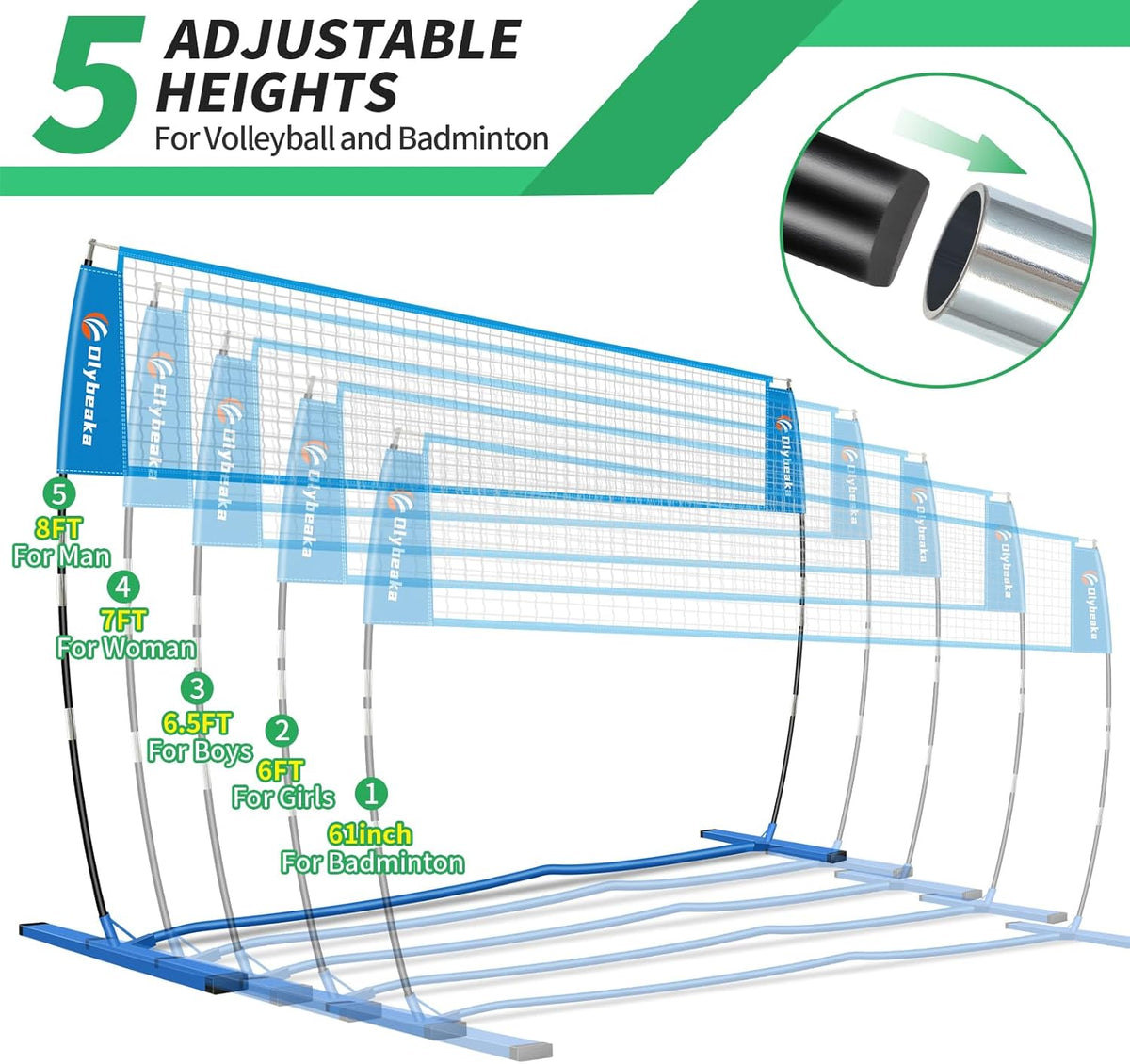 Portable Volleyball Net 5-Height Adjustable for Backyard with Widened Base, Tetoron Net, 6 Metal Stakes and 4 Sandbags, 12ft/14ft Volleyball Practice Training Equipment with Carry Bag