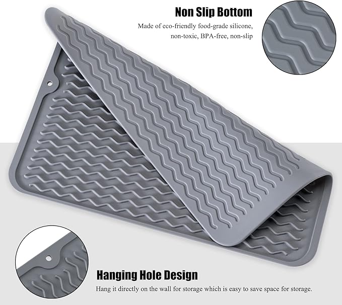 Silicone Dish Drying Mat for Multiple Usage, Easy clean, Eco-friendly, Heat-resistant Dish Drainer Mat for Kitchen Counter,Sink,Refrigerator or Drawer liner (18" x 16", BEIGE)