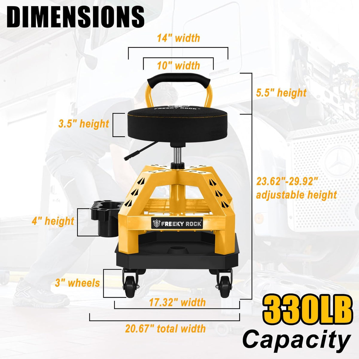 Rolling Shop Stool with Wheels, Heavy Duty Garage Work Mechanic Stool with Backrest, Adjustable Height 360°Swivel Rolling Chair with Tool Tray Storage, 330 LBS Capacity, Yellow