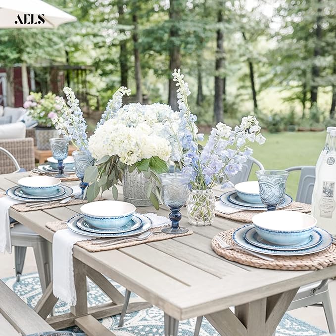 AELS Melamine Dinnerware Set of 18 Pcs Dinner Dishes Set, Lightweight Unbreakable for Indoor and Outdoor Use, BPA Free, Dishwasher Safe, Light Blue