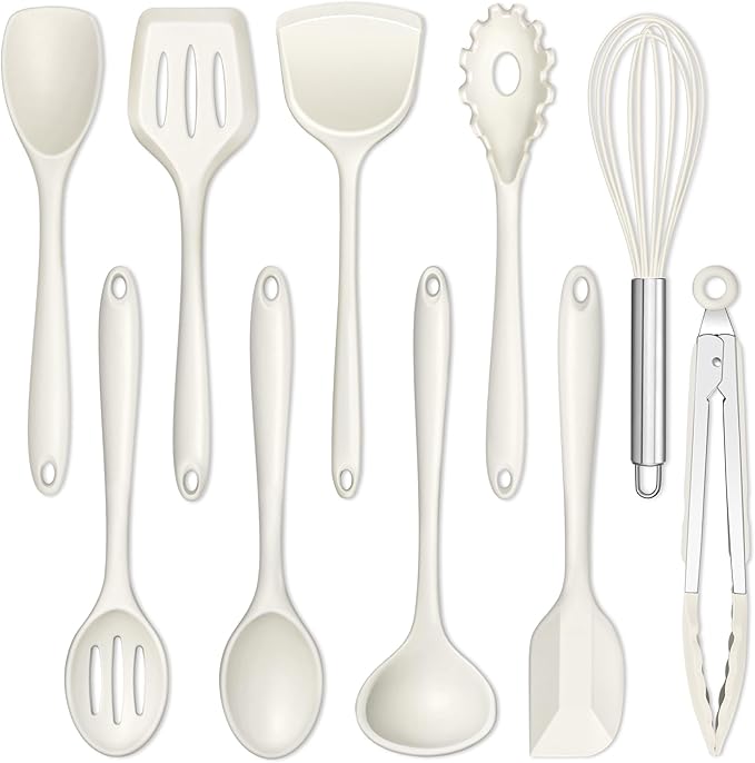 E-far 10 Pieces Silicone Cooking Utensils Set, Heat Resistant Kitchen Utensil Set for Nonstick Cookware, Kitchen Cooking Tools with Spatula, Spoon, Slotted Turner, Non-Toxic & Dishwasher Safe (White)