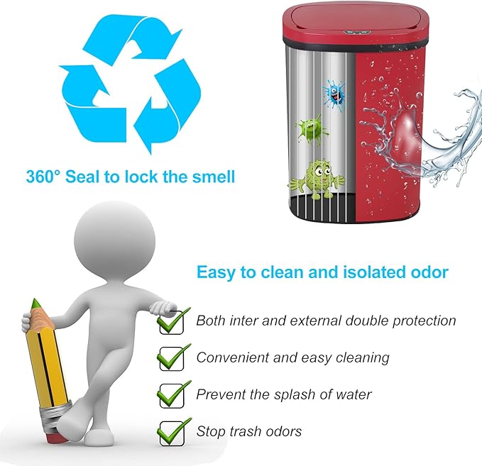 Bigacc 13 Gallon 50L Touch Free Automatic Stainless Steel Trash Can Garbage Can Metal Trash Bin with Lid for Kitchen Living Room Office Bathroom, Electronic Motion Sensor Automatic Trash Can - Red