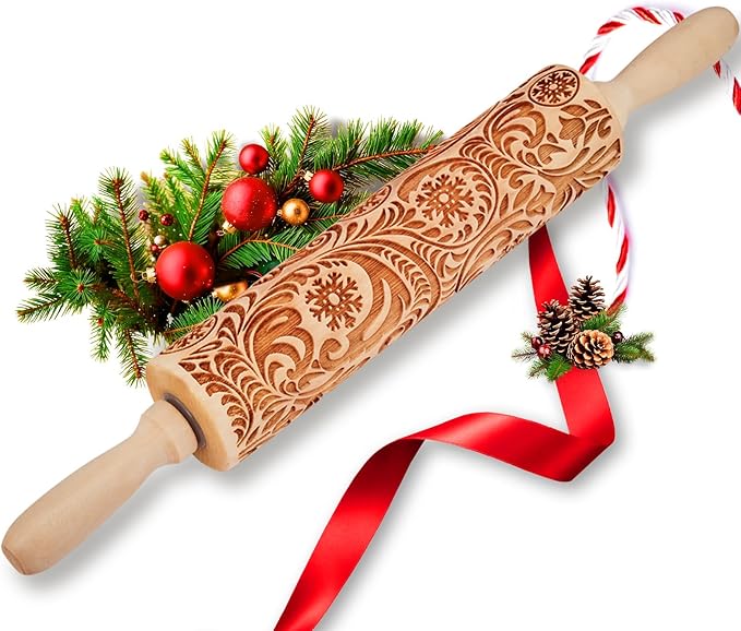 Christmas Gifts Wooden Embossed Rolling Pin for Baking, Stocking Stuffers Gifts for Women, Deep Engraved Embossing Rolling Pins with Snow Pattern Designs for Baking Cookies Stamps Roller DIY Tools