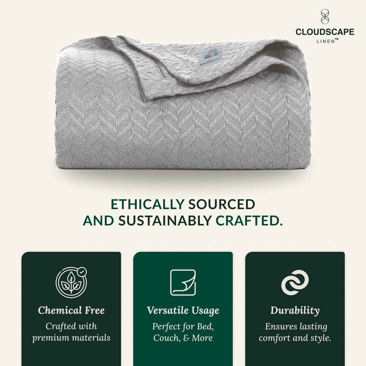 Herringbone Cotton Twin Blanket for Couch, Bed,Sofa, Home Decor, Soft, Lightweight, All-Season Bed Blanket, 68 x92, Light Grey