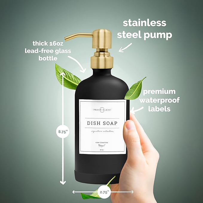 Vine Creations Black Glass Soap Dispenser, 2 Pack Kitchen Soap Dispenser Set with Stainless Steel Pump, 16 oz Dish Soap and Hand Soap Dispensers for Bathroom with Waterproof Labels