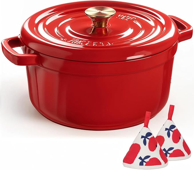 Overmont Enameled Cast Iron Dutch Oven - 5QT Pot with Lid Cookbook & Cotton Potholders - Heavy-Duty Cookware for Braising, Stews, Roasting, Sourdough Baking red