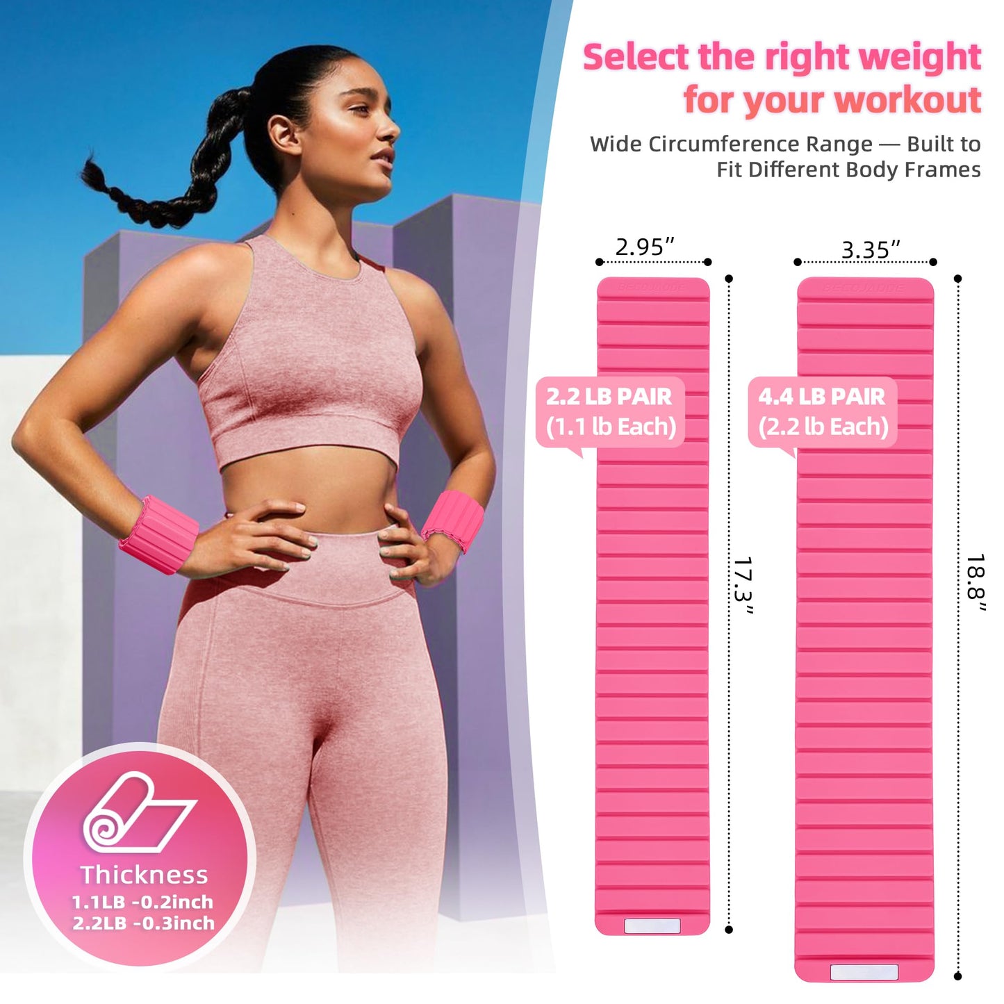 BECOJADDE Wrist Weights Ankle Weights for Women 1 Pair (2.2 lb Each) Silicone Magnetic Leg Arm Weighted Bracelet for Home Yoga Pilates Gym Workout Walking Jogging, Pink Blush