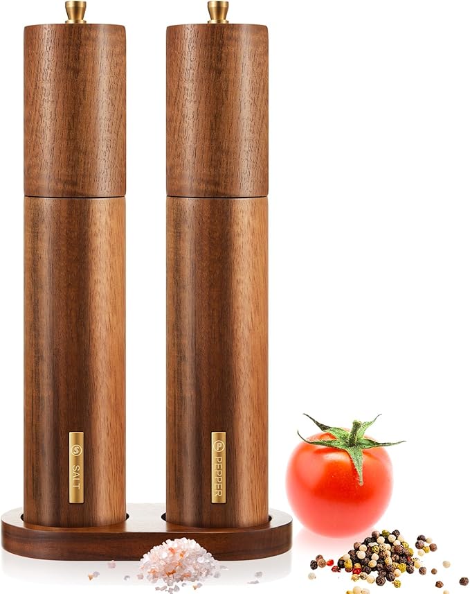 Wooden Salt and Pepper Grinder Set 11.8 Inch Manual Salt and Pepper Mill with Tray Adjustable Coarseness and Refillable Wood Grinders with Gold Bottle Label for Kitchen(Wood Color)