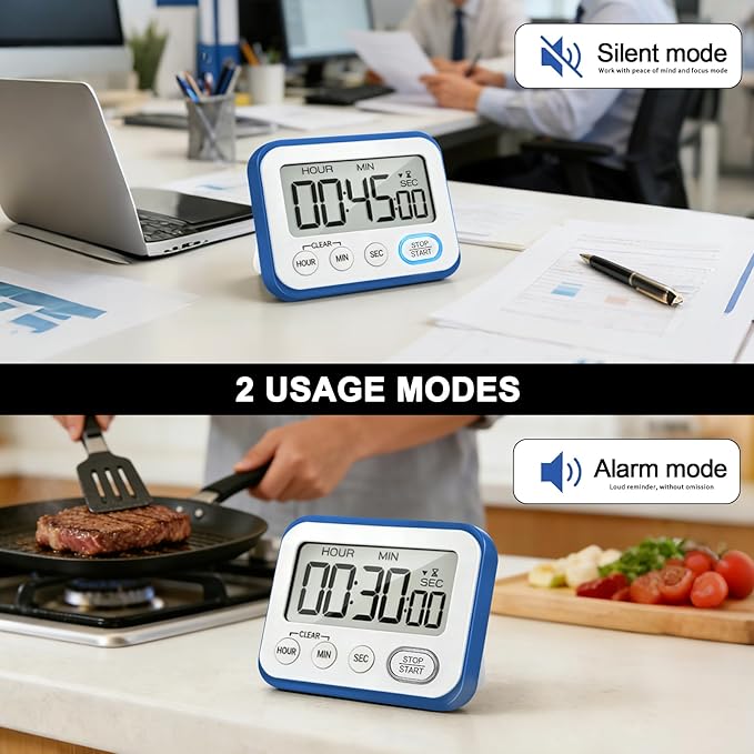 Digital Kitchen Timer Magnetic Loud Alarm, Large LCD Screen Silent/Beeping Multi-Function for Teachers Classroom Kids, Blue