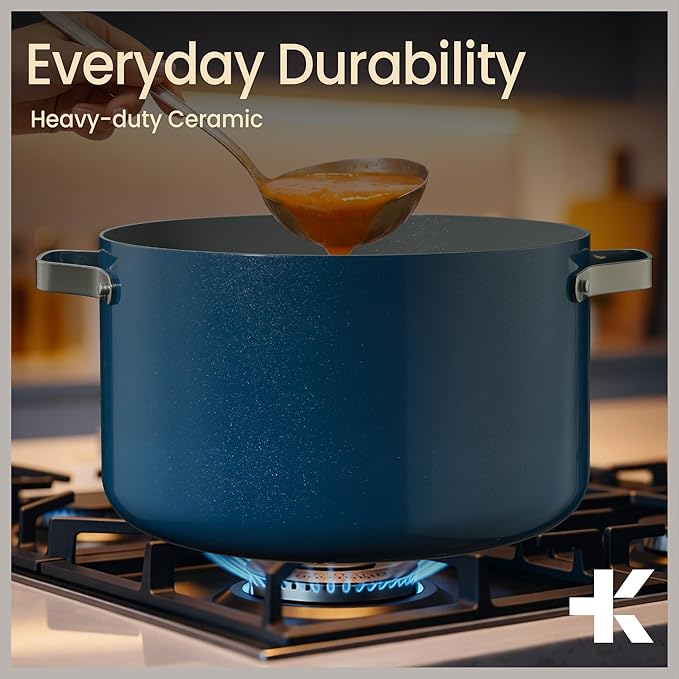 Bakken 12.5 Quart Ceramic Coated Stock Pot with Lid, Easy Clean Nonstick Pot, Tempered Glass Lid, Riveted Stainless Steel Handles, Oven Safe Up To 500°F, PTFE & PFAS Free, All Stove Compatible, Blue