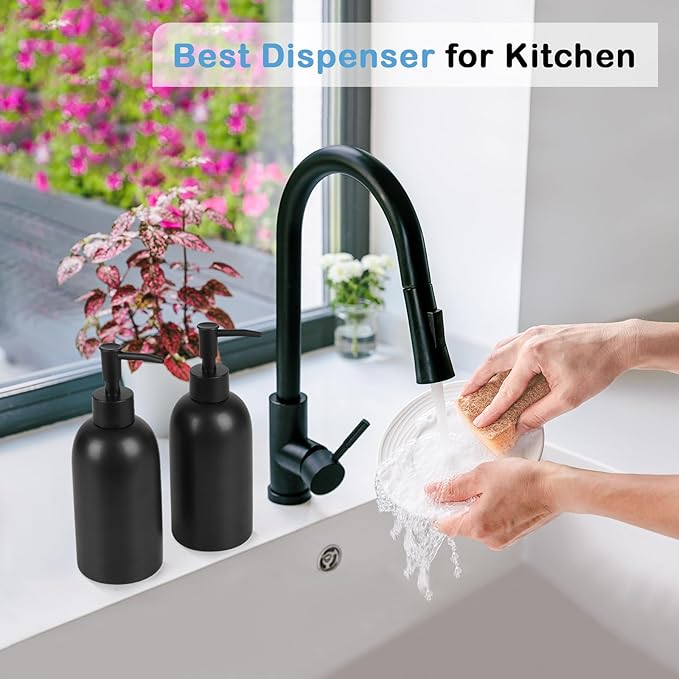 Natheeph 14OZ Ceramic Soap Dispenser Ceramic Soap Pump Dispenser Can Fill Liquid for Bathroom/Kitchen (2PC Black)