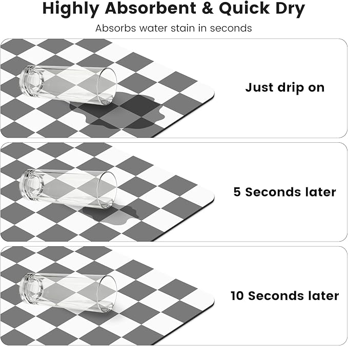 16" x 24" Checkered Dish Drying Mat for Kitchen Counter, Absorbent Coffee Bar Mat for Espresso Machine Coffee Countertops Accessories, Grey