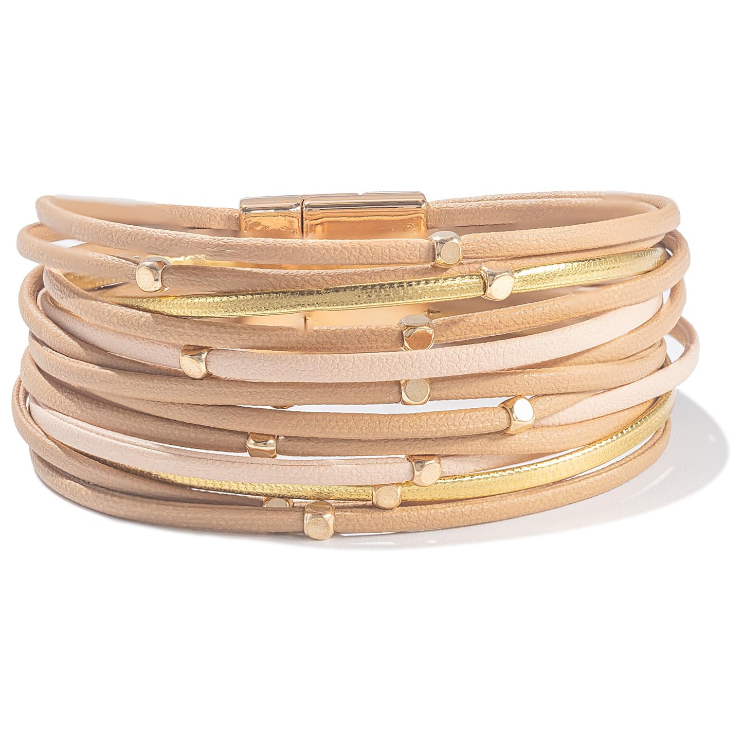 FANCY SHINY Beaded Leather Wrap Bracelets Cute Boho Stackable Bangle Cuff with Magnetic Clasp Layered Trendy Jewelry for Women(Nude)