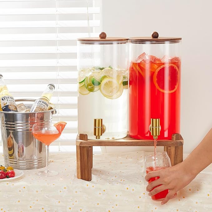 2 PCS 1.5 Gallon Drink dispenser, Glass Beverage Dispenser With Wood Stand, Large Water Drink Dispensers for Parties With Stainless Steel Spigot, Ideal for Lemonade,Juice, Tea, and Party Drinks
