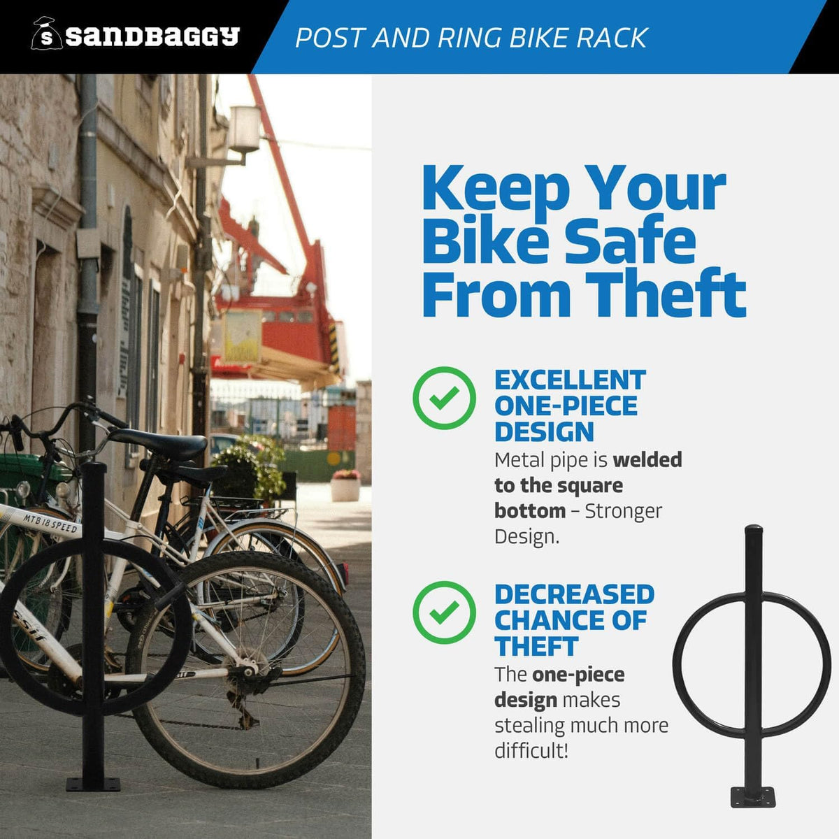 Sandbaggy Post and Ring Bike Rack - Commercial Bike Racks - Galvanized Steel - Anti-Theft Design - In Ground, Apartments, Sidewalks, Industrial (Green, 10)