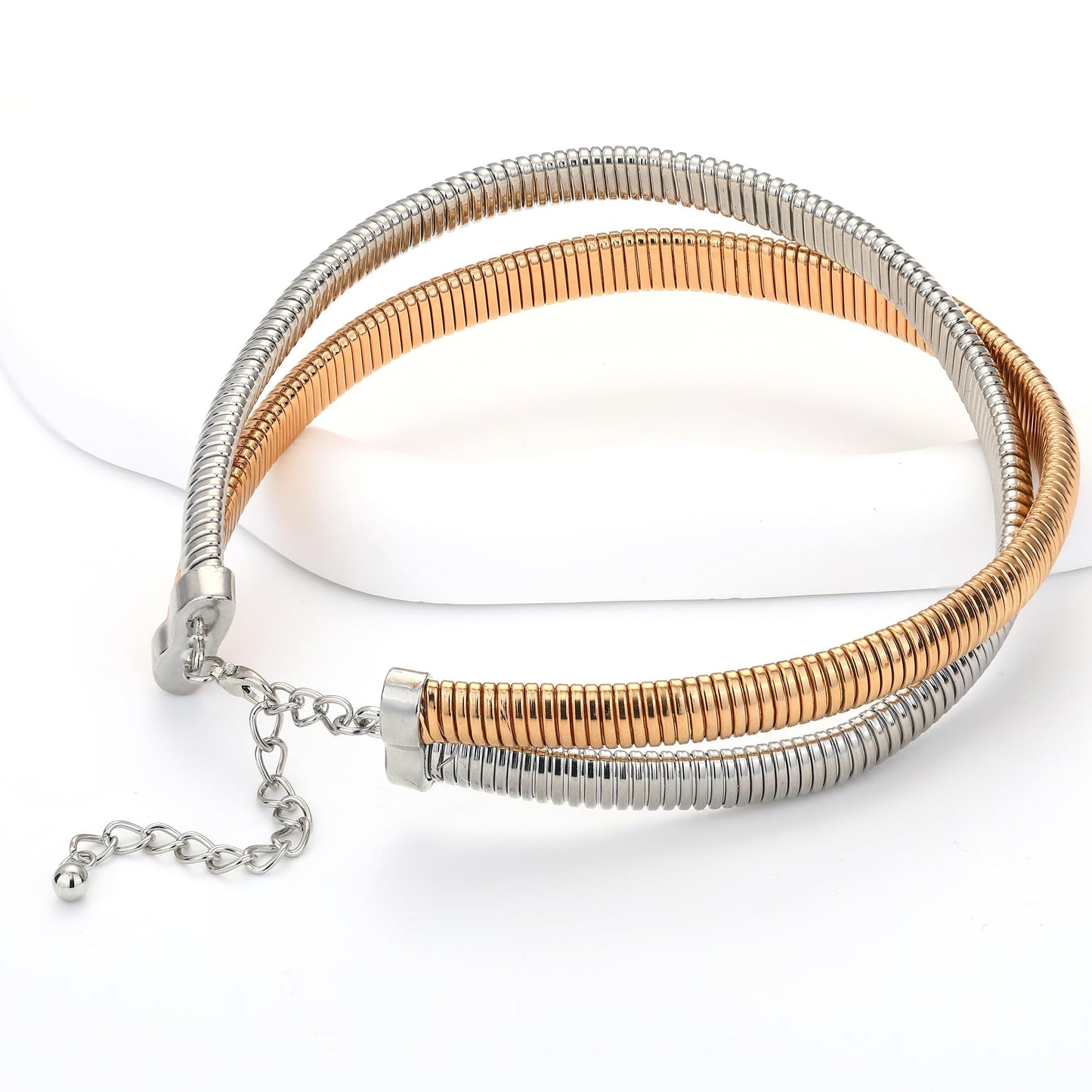 BONJOULRY Chunky Gold 2 Layered Choker Necklace for Women Trendy, 14K Gold Plated Twisted Snake Chain Statement Necklace Multi Layering Necklaces Jewelry Gifts Two Tone