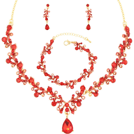 3Pcs Austrian Crystal Jewelry Set for Women, Necklace Dangle Earrings Link Bracelet Jewelry Set with Gold/Platinum/Gun Plated, Wedding Party Jewelry for Bridal Bridesmaid (Red-Gold Plated)