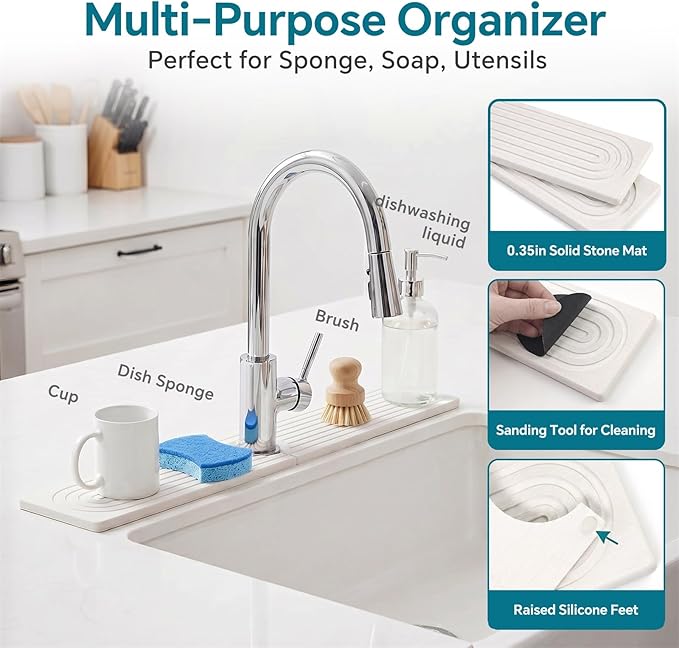Stone Faucet Mat for Kitchen Sink-Diatomite Drying Stone Mat& Sink Protector,Quick Dry Water Absorbing Stone Tray ,Sink Splash Guard for Kitchen Counter & Bathroom Counter (White, 15.7"x3.9")