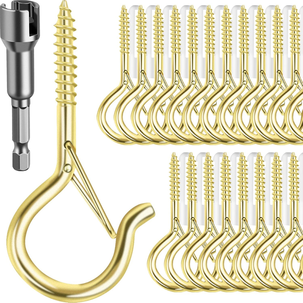 48 PCS Q-Hanger Hooks, Screw Hooks for Outdoor String Lights, Safety Buckle Design Cup Eye Hook for Hanging Christmas Lights, Plants, Mounted on Wall Ceiling, Include 1 Wing Nut Driver, Gold
