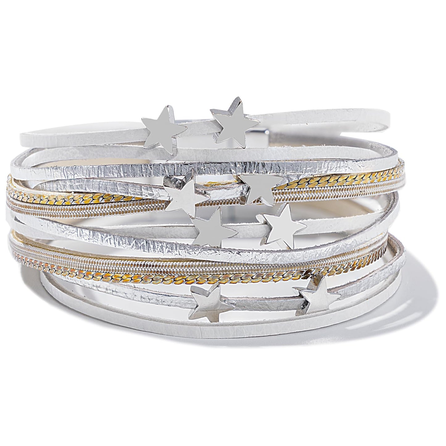 FANCY SHINY Leather Wrap Star Bracelet Boho Bangle Bracelets for Women Trendy Stackable Cute Star Bracelet with Magnetic Clasp(White)