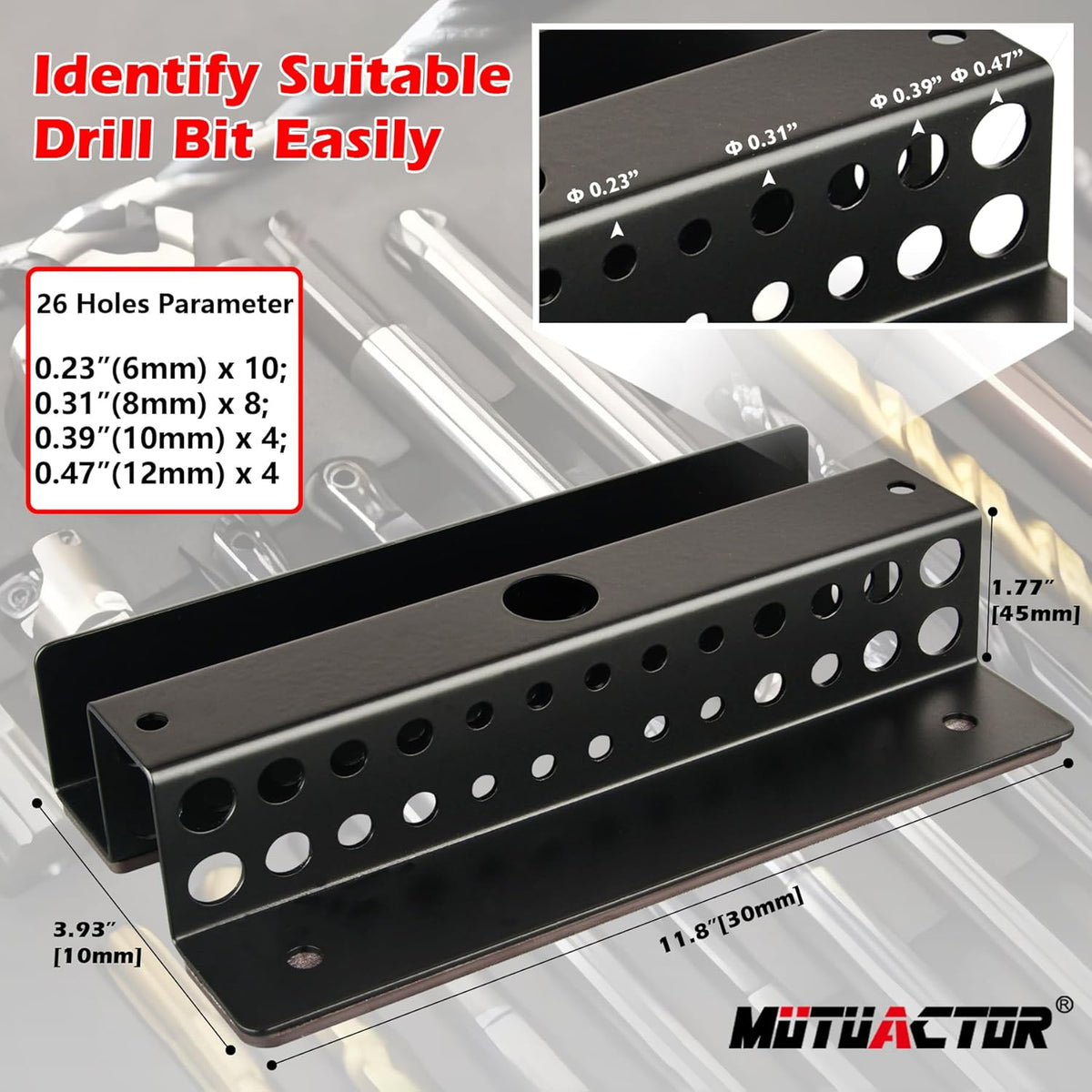 MUTUACTOR Magnetic Drill Bit Organizer,No Drilling Magnet Impact Drill Bit Storage,Anti-Slip Heavy Duty Magnetic Drill Bits Holder for Long Phillips Head Drill Bits,Black,26 Holes