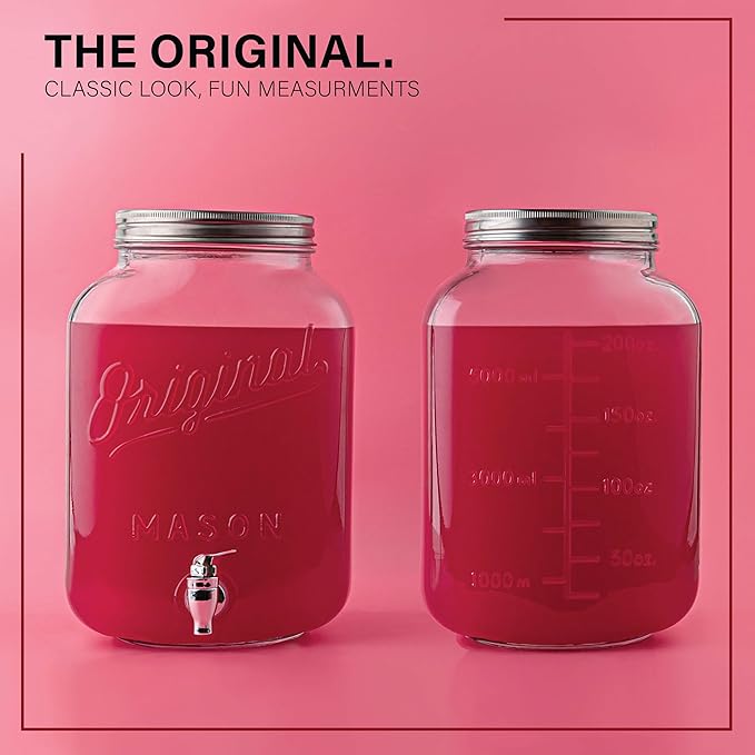 MosJos 2 GALLON Glass Drink Dispensers for Parties, 2 Pack Mason Jar Beverage Dispensers with Metal Stand, Glass Water Dispenser with Spigot, Laundry Detergent Dispenser