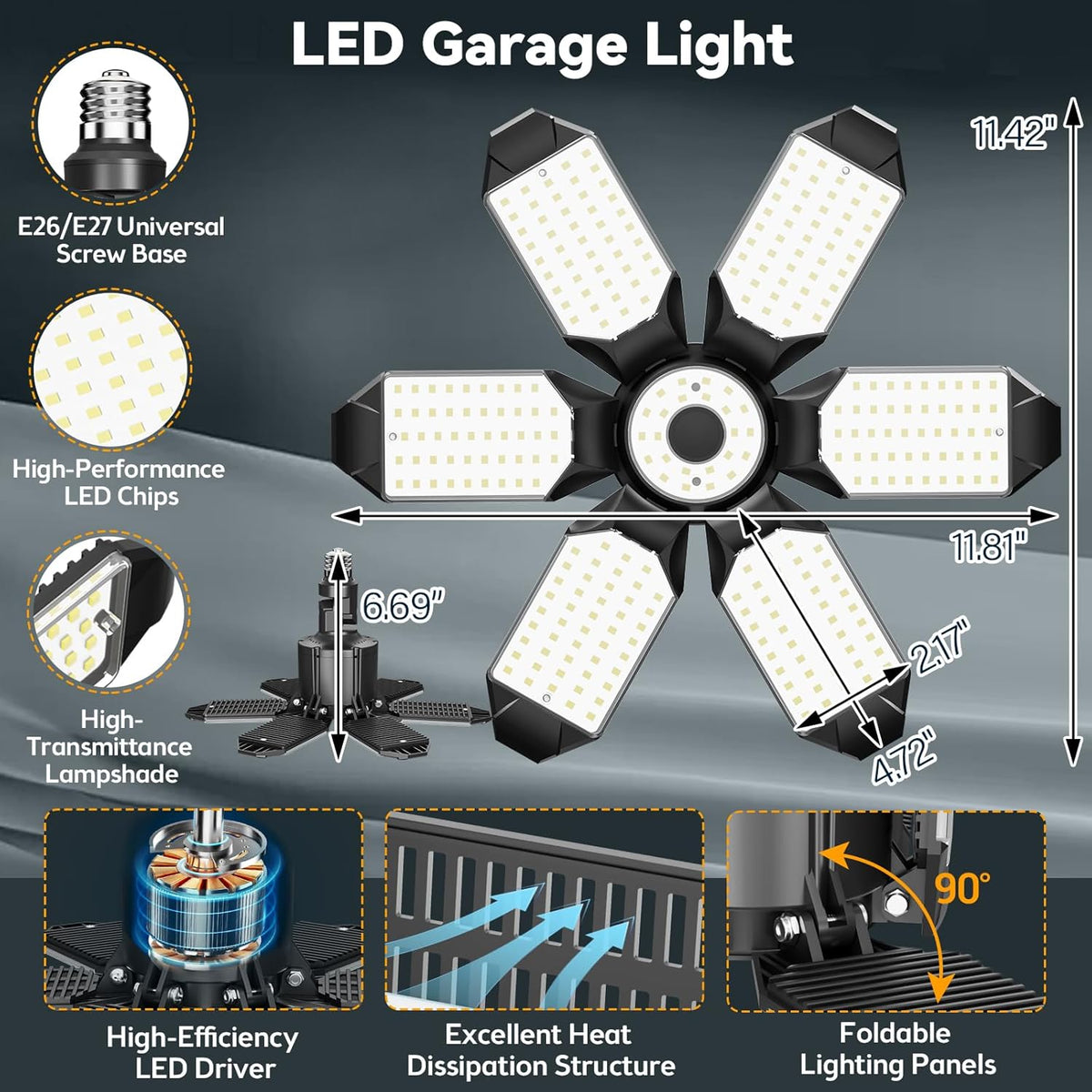 LED Garage Light Super Bright 15000LM LED Shop Ceiling Lights 6500K Garage Lighting, 360°&180° Adjustable Basement Lights with 6 Deformable Panels Screw in E26 E27 Socket for Storage Attic, 4 Pack