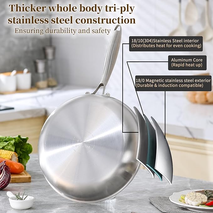 DELARLO Tri-Ply Stainless Steel Pan, 18/10 Frying Pan, Oven Safe Up to 600°F, Nontoxic Cookware, Compatible with All Cooktops Skillet, Durable, Fast Even Heat Fry Pan,12 inch Pan with Glass Lids