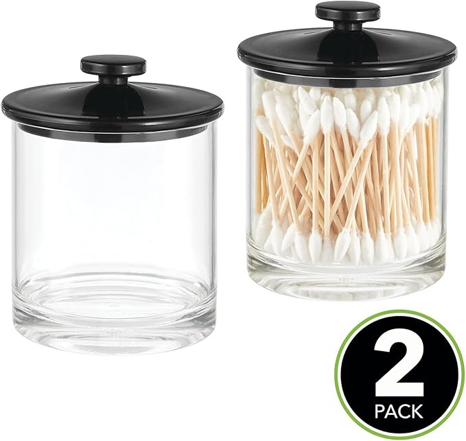 mDesign Small Modern Apothecary Storage Organizer Canister Jars - Acrylic Containers for Bathroom, Organization Holder for Vanity, Counter, Makeup Table, Lumiere Collection, 2 Pack, Clear/Black