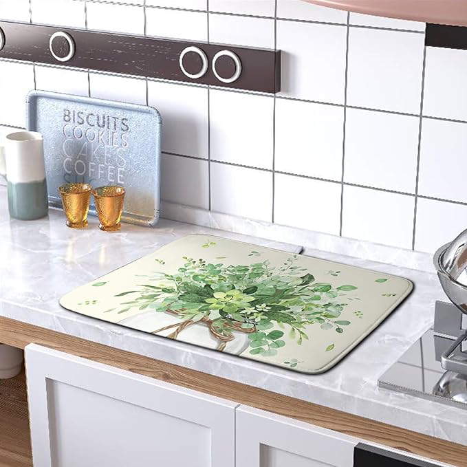 Spring Sage Green Leaves Dish Drying Mat for Kitchen Counter Eucalyptus Leaf Floral Mason Jar Dishes Drainer Mats Absorbent Microfiber Dish Draining Mat Washable Large Dish Pad 18x24 Inch