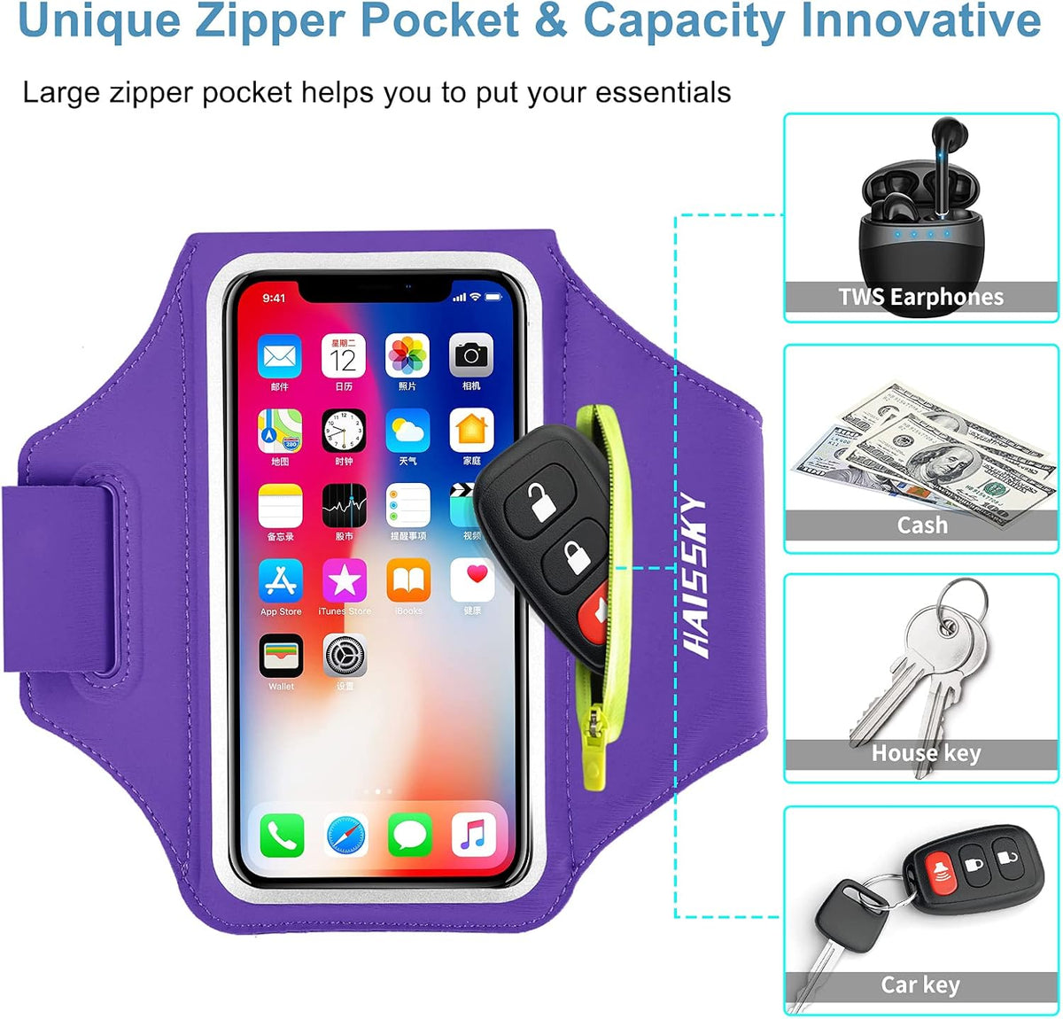 HAISSKY Cell Phone Running Armband with Airpods Zipper Pocket Armband Case Running Holder for iPhone 16/15/ 14/13 / 12 /11Pro Max,Galaxy S20 S10,Sweatproof Arm Band with Card/Key Bag