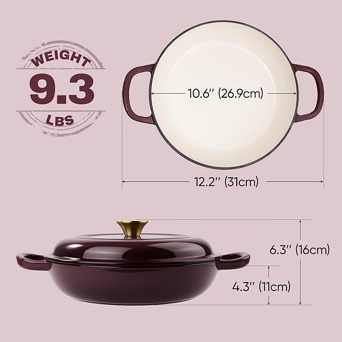 Vintage Style 3 Quart Enameled Cast Iron Braiser, Non Stick Enameled Cast Iron Skillet with Lid, Dutch Oven Skillet with lid up to 500°F for Oven, Stove, Grill, Shallow Dutch Oven for Cook, Bake (Fig)