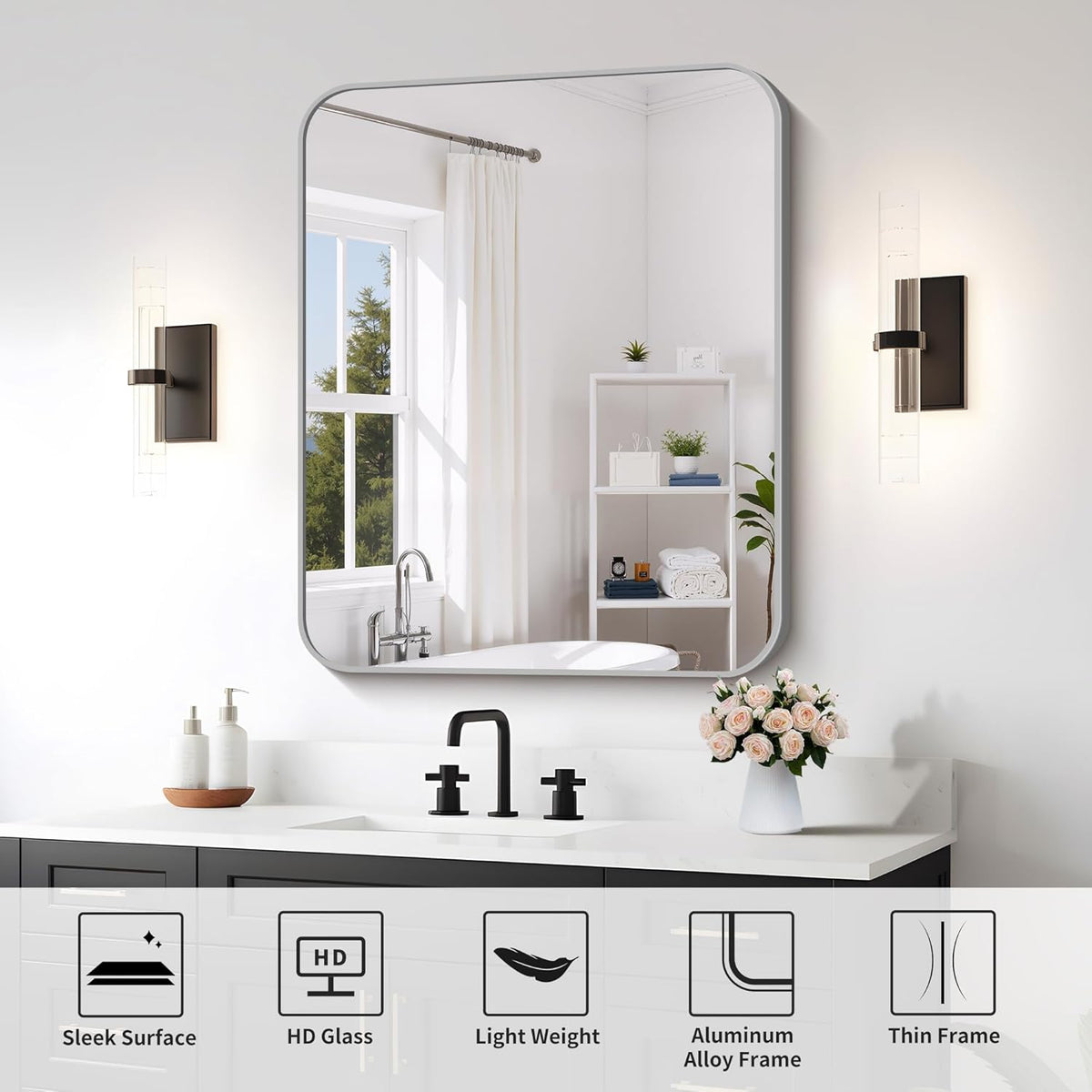 FORBATH 30x36 Inch Silver Bathroom Mirror for Over Sink, Large Rectangular Wall Mirror with Metal Frame, Rounded Corners for Bathroom, Bedroom, Entryway Decor (Horizontal or Vertical)