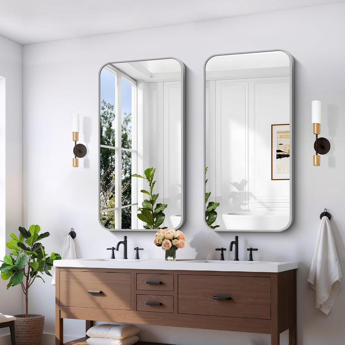 FORBATH 24x48 Inch Silver Bathroom Mirror for Over Sink, Narrow Rectangular Full Length Mirror with Metal Frame, Rounded Corners for Bathroom, Bedroom, Entryway Decor (Horizontal or Vertical)
