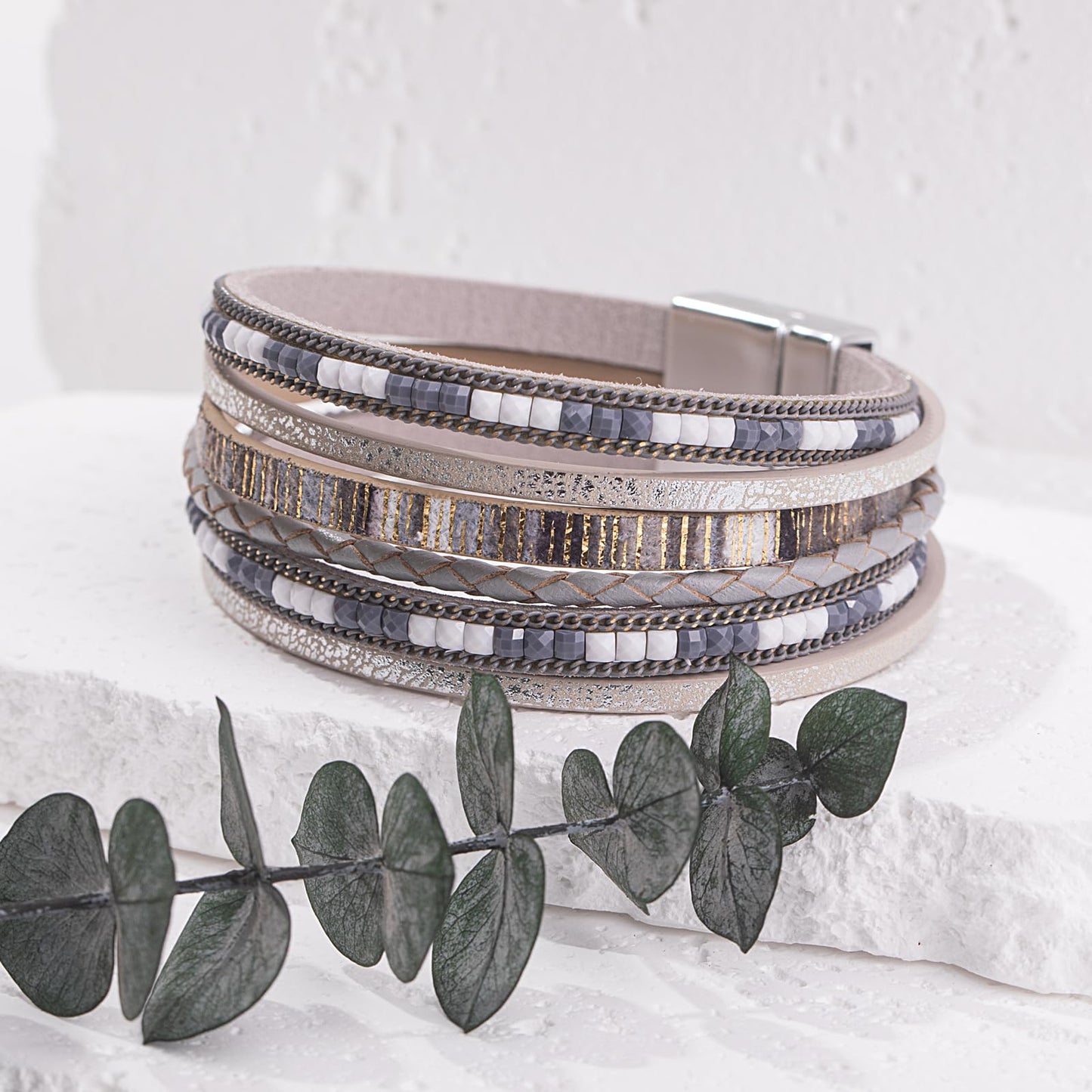 FANCY SHINY Boho Leather Wrap Bracelets Trendy Layered Bracelets with Magnetic Clasp Strackable Bohemian Cuff Jewelry Gifts for Women(Grey)
